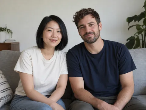 AI 制作的参考合照:两位成年人并排坐在沙发上