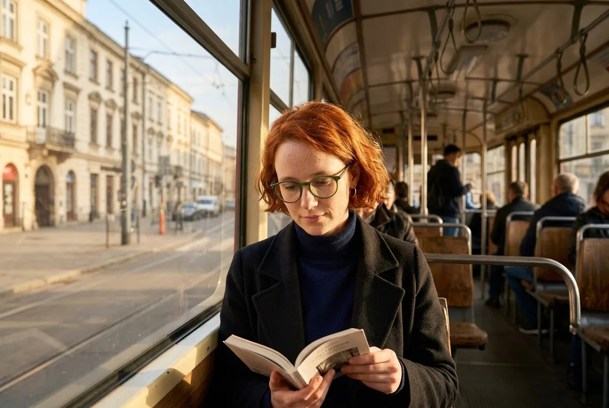 Nano Banana 2.1 — same red-haired woman reading on a tram