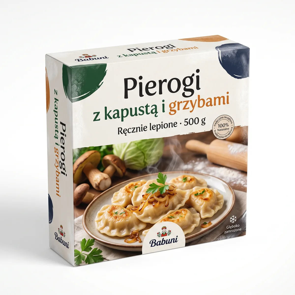 Nano Banana 2.1 — frozen pierogi packaging on a white background