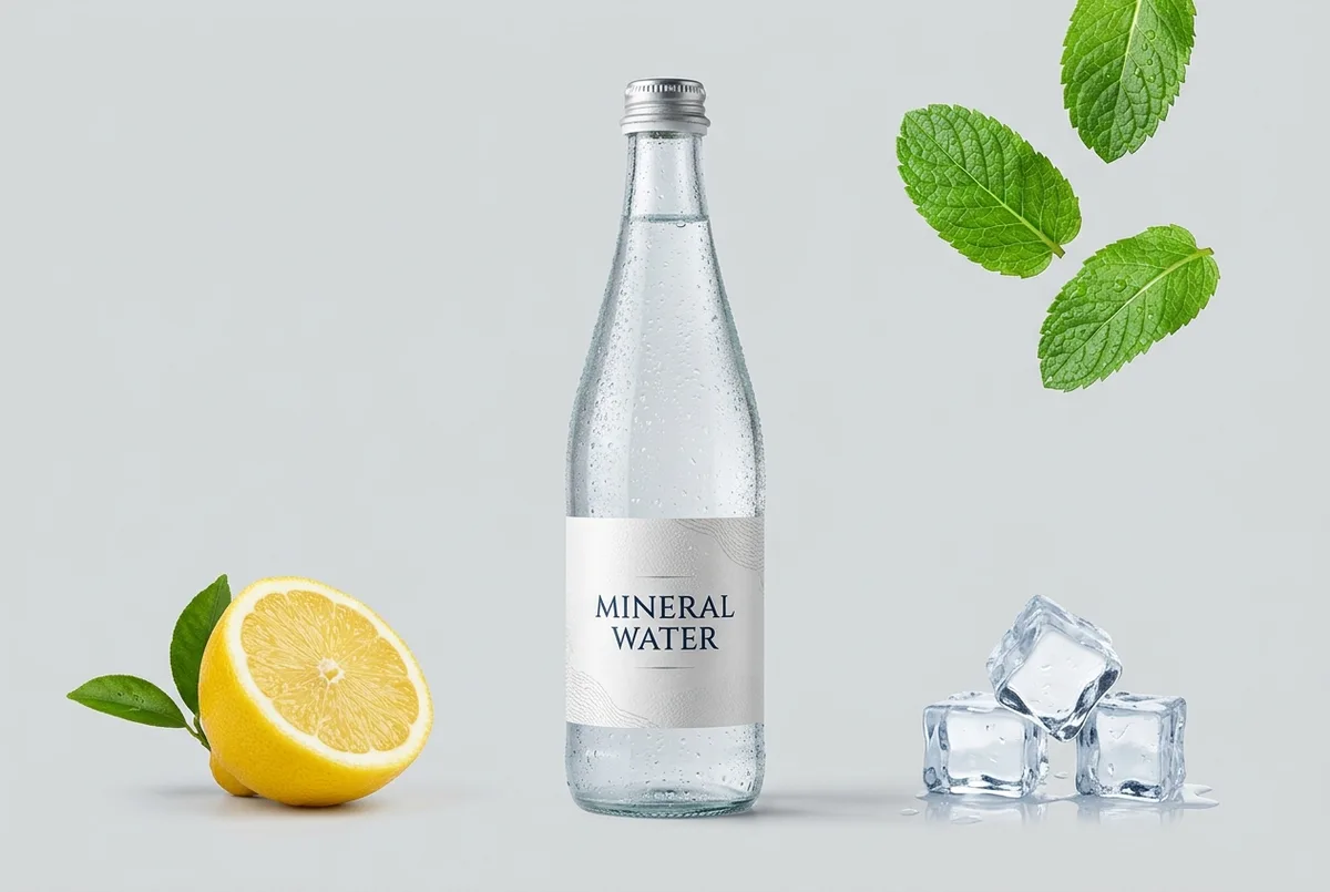 Nano Banana 2.1 — mineral water bottle with lemon, mint and ice